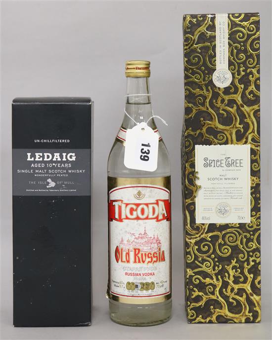 Ledaig 10yo Isle of Mull single malt unchill filtered 46.3% abv, Compass Box The Spice Tree malt scotch 46%abv, Tigoda Old Russia vodka